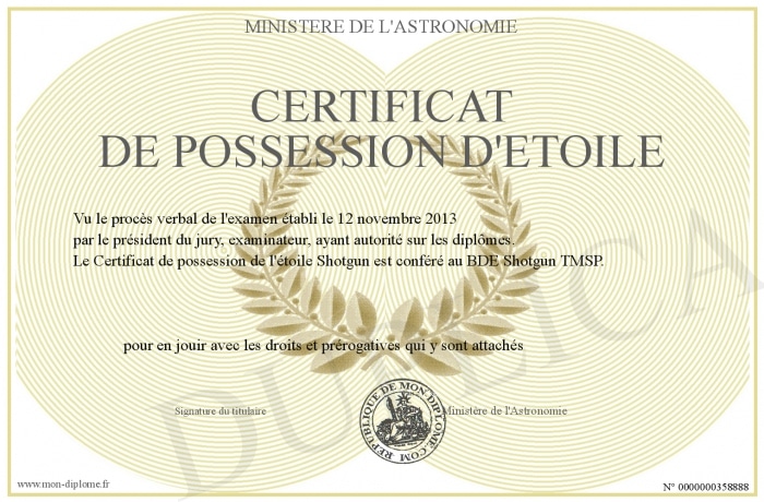 Certificat possession etoile