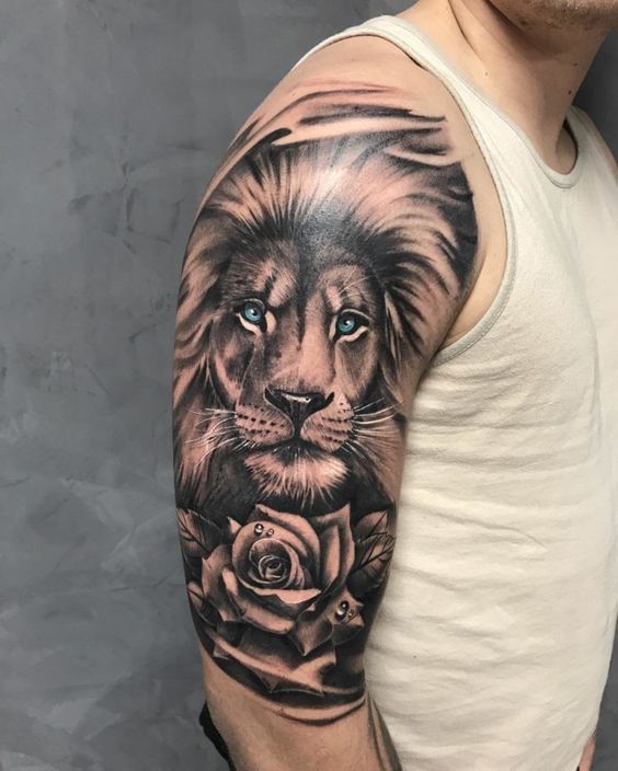 Tatouage Tête De Lion Et Rose Sur Le Bras 