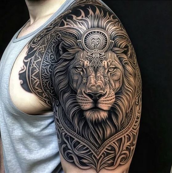 Tatouage Lion Mandala Sur Le Bras