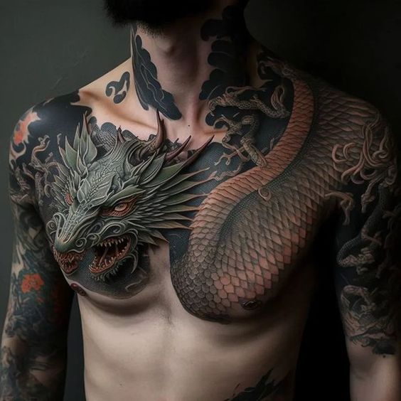 Tatouage Dragon Vert 3d Et Nuages Noir Sur Le Torse 
