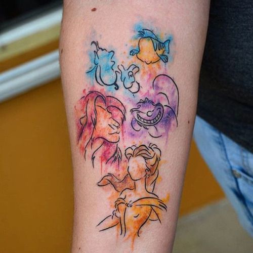 Tatouage Personnages Disney En Aquarelle Sur L'avant Bras