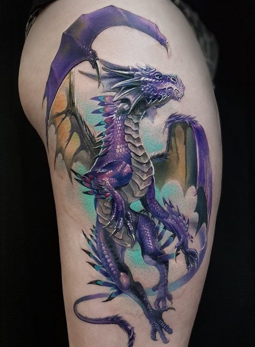 Tatouage Dragon Violet Sur La Cuisse 