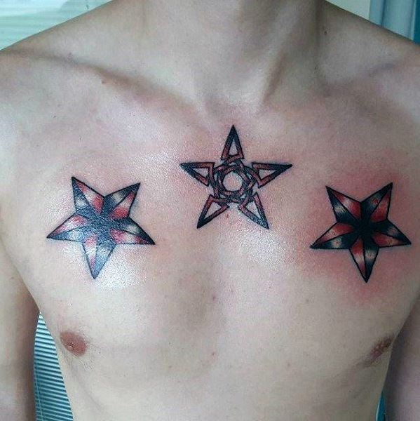 Tatouage Trois étoiles Rouges Et Noires Sur Le Torse 