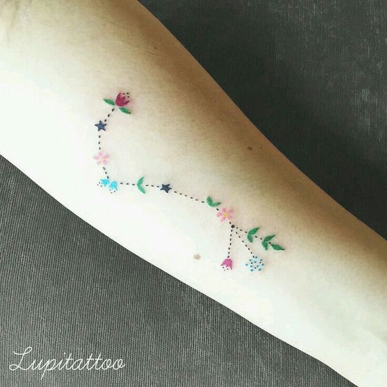 Tatouage Constellation Du Scorpion En Fleurs Colorées Sur L'avant Bras 