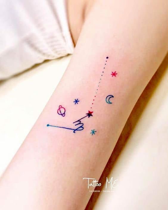 Tatouage Signe Vierge Avec étoiles, Lune Et Planète Sur Le Bras 