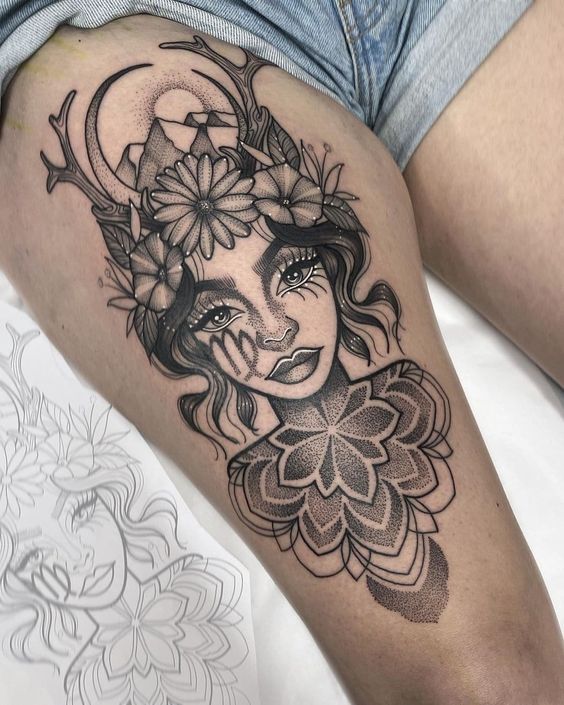  Tatouage Fille Vierge Avec Mandala Et Fleurs Sur La Cuisse 