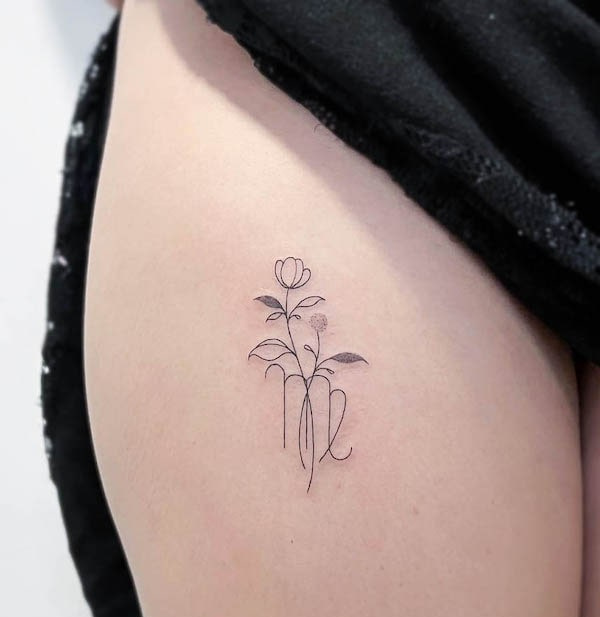 Tatouage Signe Vierge Avec Fleur En Ligne Fine Sur La Cuisse 