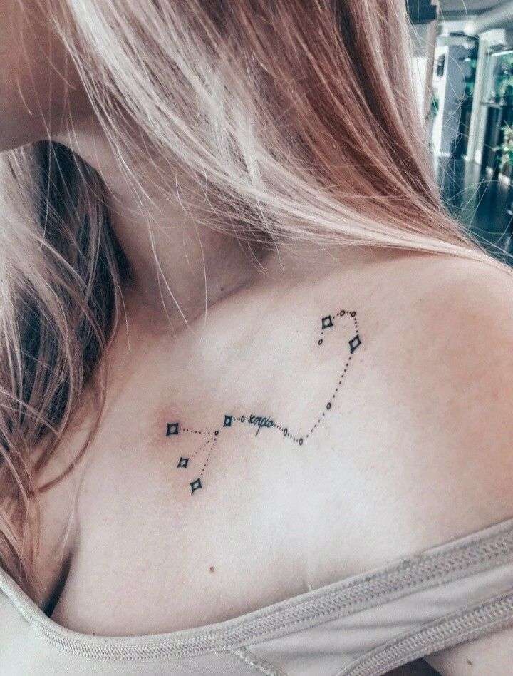 Tatouage Constellation Avec Mot Scorpio Sur La Clavicule 