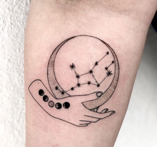  Tatouage Constellation De La Vierge Avec Main Et Phases De La Lune Sur L'avant Bras 