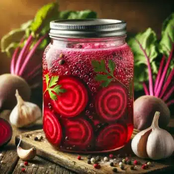 Dall·e 2025 01 18 12.45.13 A Realistic And Detailed Image Of A Glass Jar Filled With Vibrant Red Fermented Beet Slices Submerged In Brine, With Visible Bubbles Indicating Fermen